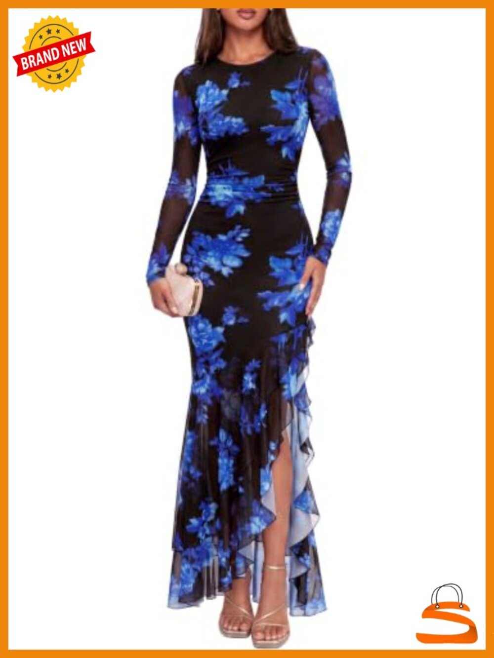 Womens Long Sleeve Bodycon Maxi Dress Mesh Formal Cocktail Party
